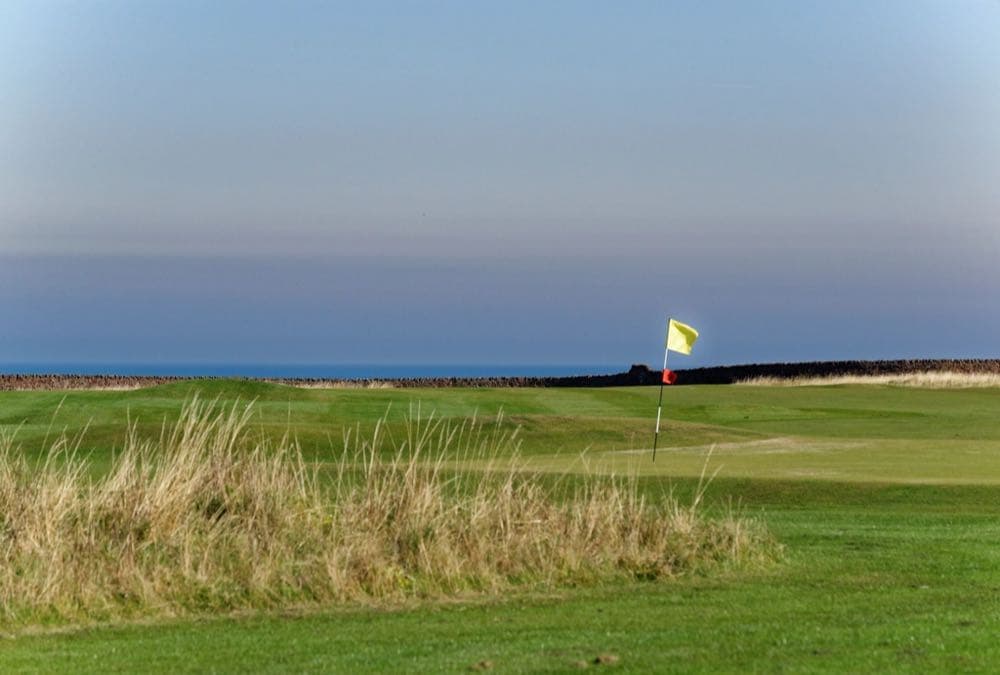 A golf course fairway and flag at dusk