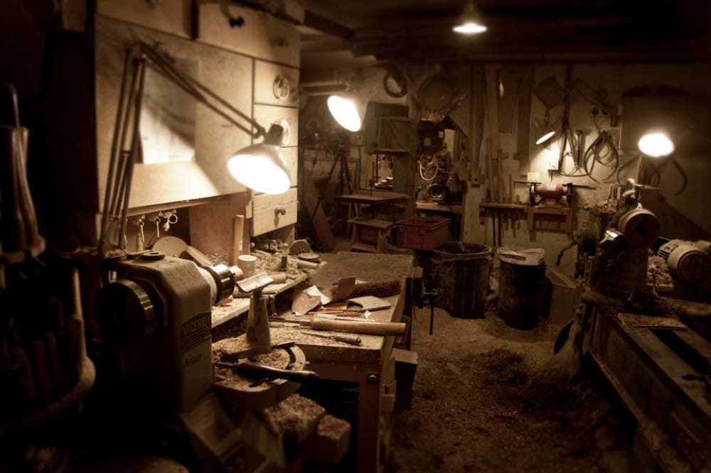 A workshop bench with tools